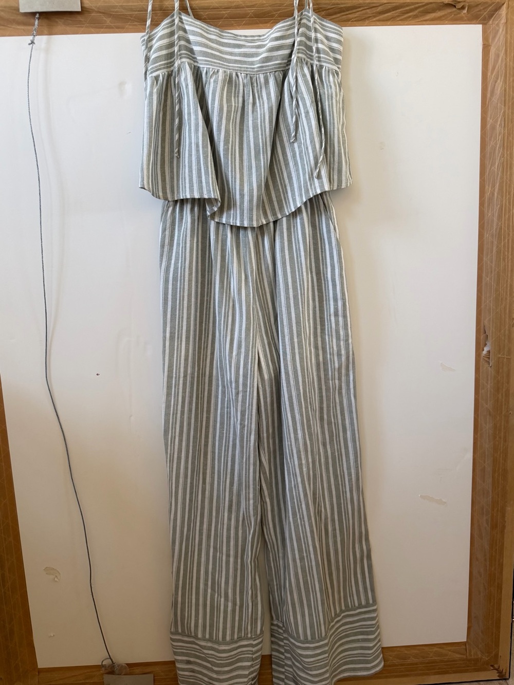 Gilli Sage and White Striped Ruffled Jumpsuit